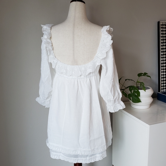 White Empire Waist Babydoll Dress with Eyelet Lace Ruffle Trims - Picture 7 of 12